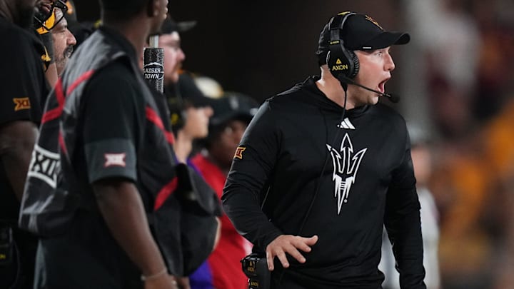 ASU Sun Devils head coach Kenny Dillingham yells out to his team as they play against the Houston Cougars at Mountain America Stadium in Tempe on Oct. 25, 2025.
