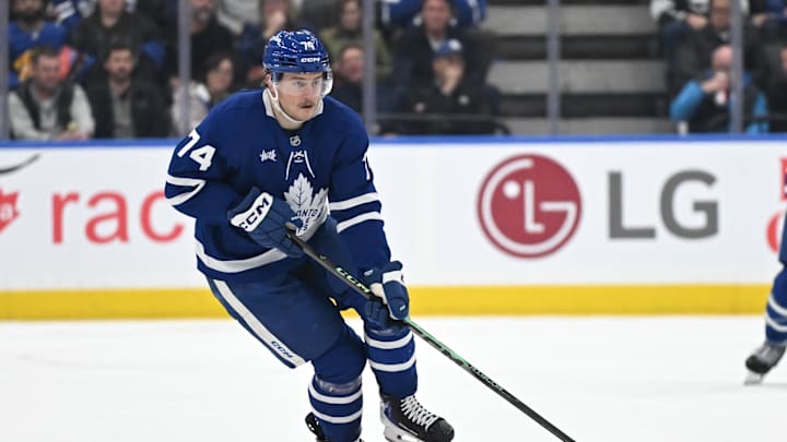 Nov 13, 2025; Toronto, Ontario, CAN; Toronto Maple Leafs forward Bobby McMann (74) skates with the puck against Los Angeles Kings in the third period at Scotiabank Arena. Mandatory Credit: Dan Hamilton-Imagn Images Nov 13, 2025; Toronto, Ontario, CAN; Toronto Maple Leafs forward Bobby McMann (74) skates with the puck against Los Angeles Kings in the third period at Scotiabank Arena. Mandatory Credit: Dan Hamilton-Imagn Images