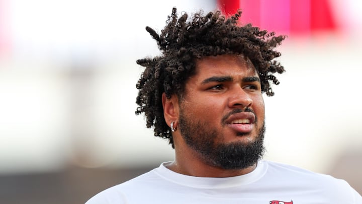 Tampa Bay Buccaneers offensive tackle Tristan Wirfs warms up before a preseason game against the Miami Dolphins. Tampa Bay Buccaneers offensive tackle Tristan Wirfs warms up before a preseason game against the Miami Dolphins.