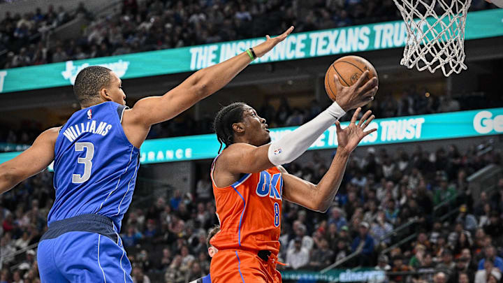 Dec 2, 2023; Dallas, Texas, USA; Oklahoma City Thunder forward Jalen Williams (8) drives to the