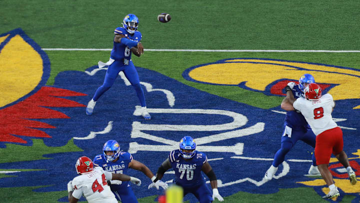 Kansas Jayhawks quarterback Jalon Daniels (6) throws the ball during the game between Fresno State and Kansas at David Booth Kansas Memorial Stadium on Aug. 23, 2025.