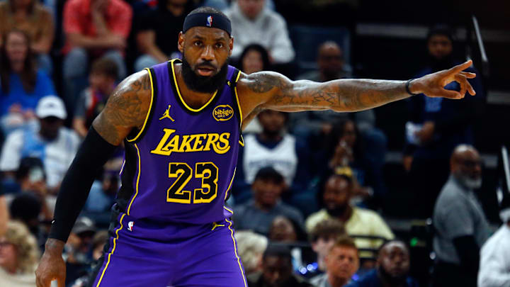 Mar 29, 2025; Memphis, Tennessee, USA; Los Angeles Lakers forward LeBron James (23) reacts  during the second quarter against the Memphis Grizzlies at FedExForum. Mandatory Credit: Petre Thomas-Imagn Images