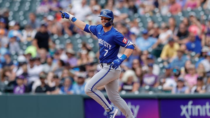 Kansas City Royals shortstop Bobby Witt Jr. (7) gestures on a three run home run in the ninth inning against the Colorado Rockies at Coors Field on July 7. Kansas City Royals shortstop Bobby Witt Jr. (7) gestures on a three run home run in the ninth inning against the Colorado Rockies at Coors Field on July 7.
