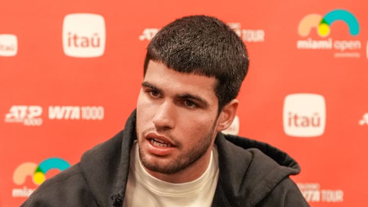 Carlos Alcaraz (ESP) speaks to the media at a round table discussion at the 2025 Miami Open presented by Itau at Hard Rock Stadium. 