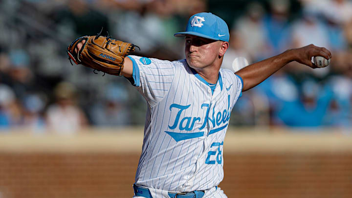 Jun 7, 2024; Chapel Hill, NC, USA; North Carolina Tar Heels Shea Sprague (28) pitches against the West Virginia Mountaineers in the first inning of the DI Baseball Super Regional at Boshamer Stadium.  Mandatory Credit: Jeffrey Camarati-USA TODAY Sports
