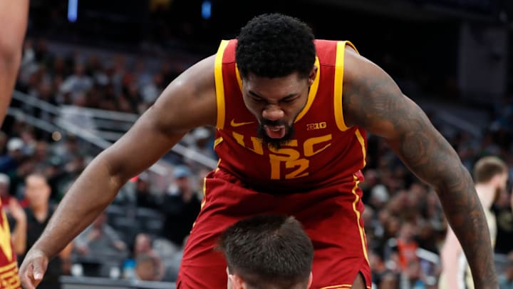 USC Trojans forward Rashaun Agee (12) celebrates after USC Trojans forward Josh Cohen (33) draws a foul on Purdue Boilermakers forward Trey Kaufman-Renn (4) Thursday, March 13, 2025, during the Big Ten Men’s Basketball Tournament game at Gainbridge Fieldhouse in Indianapolis.
