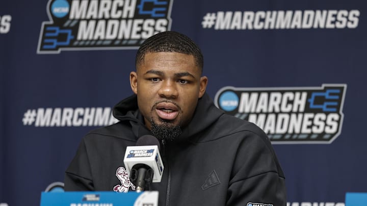 Mar 18, 2026; Oklahoma City, OK, USA; Texas A&M Aggies forward Rashaun Agee speaks to the media during a press conference ahead of the first round of the men's 2026 NCAA Tournament at Paycom Center. Mandatory Credit: Alonzo Adams-Imagn Images