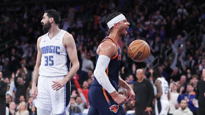 Mar 8, 2024; New York, New York, USA;  New York Knicks guard Josh Hart (3) celebrates after scoring in the fourth quarter against the Orlando Magic at Madison Square Garden. Mandatory Credit: Wendell Cruz-Imagn Images