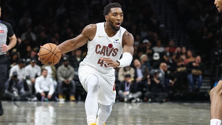 Oct 24, 2025; Brooklyn, New York, USA;  Cleveland Cavaliers guard Donovan Mitchell (45) drives to the basket in the third quarter against the Brooklyn Nets at Barclays Center. Mandatory Credit: Wendell Cruz-Imagn Images