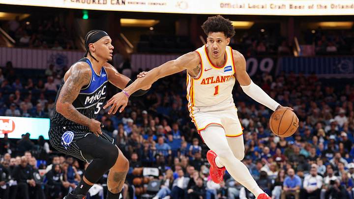 Apr 1, 2026; Orlando, Florida, USA; Atlanta Hawks forward Jalen Johnson (1) is guarded by Orlando Magic forward Paolo Banchero (5) in the second quarter at Kia Center. Mandatory Credit: Nathan Ray Seebeck-Imagn Images Apr 1, 2026; Orlando, Florida, USA; Atlanta Hawks forward Jalen Johnson (1) is guarded by Orlando Magic forward Paolo Banchero (5) in the second quarter at Kia Center. Mandatory Credit: Nathan Ray Seebeck-Imagn Images