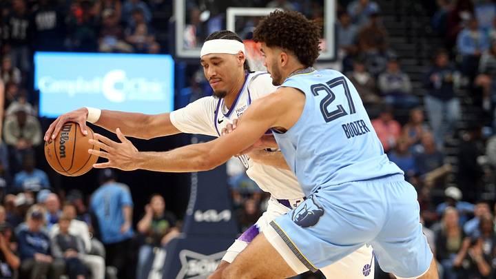 Oct 21, 2026; Memphis, Tennessee, USA; Utah Jazz center Jaxson Hayes (11) dribbles against Memphis Grizzlies forward Cameron Boozer (27) during the third quarter at FedExForum. Mandatory Credit: Petre Thomas-Imagn Images Oct 21, 2026; Memphis, Tennessee, USA; Utah Jazz center Jaxson Hayes (11) dribbles against Memphis Grizzlies forward Cameron Boozer (27) during the third quarter at FedExForum. Mandatory Credit: Petre Thomas-Imagn Images
