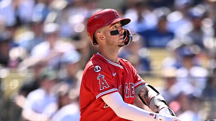 Jun 7, 2026; Los Angeles, California, USA;  Los Angeles Angels shortstop Zach Neto (9) admires  his three-run home run against the Los Angeles Dodgers during the seventh inning at Dodger Stadium. Mandatory Credit: William Liang-Imagn Images