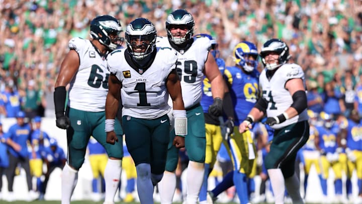 Sep 21, 2025; Philadelphia, PA; Eagles quarterback Jalen Hurts against the Los Angeles Rams  at Lincoln Financial Field