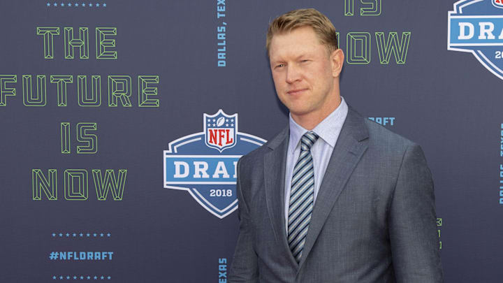 Apr 26, 2018; Arlington, TX, USA; Nebraska and former UCF head coach Scott Frost arrives on the red carpet before the 2018 NFL Draft at AT&T Stadium. Mandatory Credit: Jerome Miron-Imagn Images