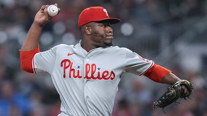 Sep 28, 2021; Cumberland, Georgia, USA; Philadelphia Phillies relief pitcher Hector Neris (50) pitches against the Atlanta Braves during the eighth inning at Truist Park. 
