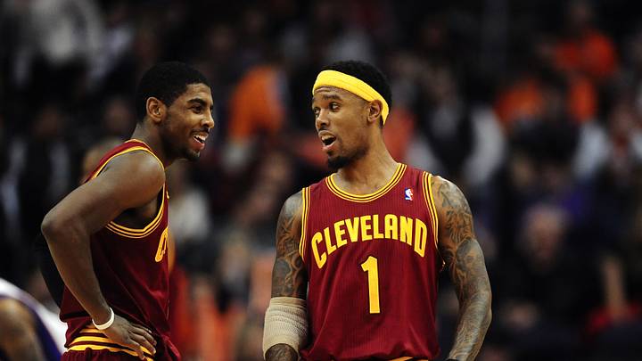 Jan. 12, 2012; Phoenix, AZ, USA; Cleveland Cavaliers guard Daniel Gibson (right) talks with guard Kyrie Irving during the game against the Phoenix Suns at the US Airways Center. The Cavaliers defeated the Suns 101-90. Mandatory Credit: Mark J. Rebilas-USA TODAY Sports Jan. 12, 2012; Phoenix, AZ, USA; Cleveland Cavaliers guard Daniel Gibson (right) talks with guard Kyrie Irving during the game against the Phoenix Suns at the US Airways Center. The Cavaliers defeated the Suns 101-90. Mandatory Credit: Mark J. Rebilas-USA TODAY Sports