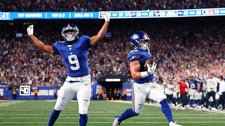 Sep 13, 2026; East Rutherford, New Jersey, USA; New York Giants running back Cam Skattebo (44) scores a touchdown against the Dallas Cowboys as tight end Isaiah Likely (9) celebrates during the first quarter at MetLife Stadium. Sep 13, 2026; East Rutherford, New Jersey, USA; New York Giants running back Cam Skattebo (44) scores a touchdown against the Dallas Cowboys as tight end Isaiah Likely (9) celebrates during the first quarter at MetLife Stadium.