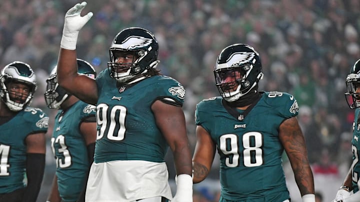 Dec 3, 2023; Philadelphia, Pennsylvania, USA; Philadelphia Eagles defensive tackle Jordan Davis (90) and  defensive tackle Jalen Carter (98) against the San Francisco 49ers at Lincoln Financial Field. Mandatory Credit: Eric Hartline-Imagn Images
