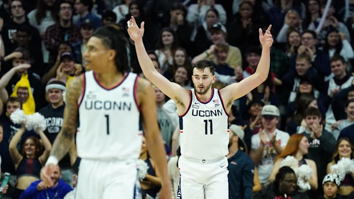 Dec 9, 2023; Storrs, Connecticut, USA; UConn Huskies forward Alex Karaban (11) reacts to the crowd
