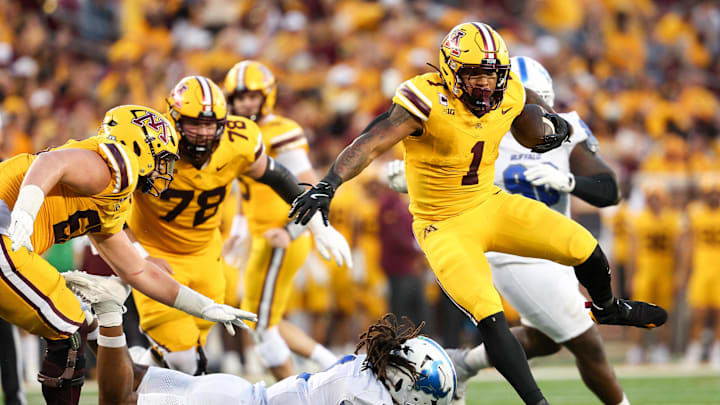 Aug 28, 2025; Minneapolis, Minnesota, USA; Minnesota Golden Gophers running back Darius Taylor (1) runs the ball against the Buffalo Bulls during the first half of the game at Huntington Bank Stadium. Mandatory Credit: Matt Krohn-Imagn Images Aug 28, 2025; Minneapolis, Minnesota, USA; Minnesota Golden Gophers running back Darius Taylor (1) runs the ball against the Buffalo Bulls during the first half of the game at Huntington Bank Stadium. Mandatory Credit: Matt Krohn-Imagn Images