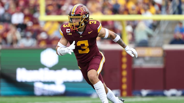 Sep 6, 2025; Minneapolis, Minnesota, USA; Minnesota Golden Gophers defensive back Koi Perich (3) in action against the Northwestern State Demons during the first quarter at Huntington Bank Stadium. Mandatory Credit: Matt Krohn-Imagn Images