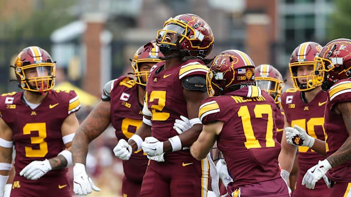 Sep 6, 2025; Minneapolis, Minnesota, USA; Minnesota Golden Gophers defensive back Darius Green (12) celebrates against the Northwestern State Demons during the first quarter at Huntington Bank Stadium. Mandatory Credit: Matt Krohn-Imagn Images Sep 6, 2025; Minneapolis, Minnesota, USA; Minnesota Golden Gophers defensive back Darius Green (12) celebrates against the Northwestern State Demons during the first quarter at Huntington Bank Stadium. Mandatory Credit: Matt Krohn-Imagn Images