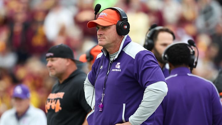 Sep 6, 2025; Minneapolis, Minnesota, USA; Northwestern State Demons head coach Blaine McCorkle looks on during the first quarter against the Minnesota Golden Gophers at Huntington Bank Stadium. Mandatory Credit: Matt Krohn-Imagn Images