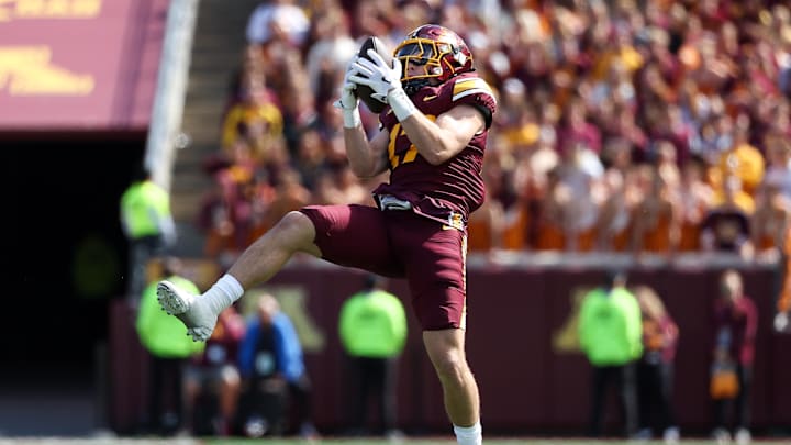 Sep 6, 2025; Minneapolis, Minnesota, USA; Minnesota Golden Gophers defensive back John Nestor (17) intercepts a pass against the Northwestern State Demons during the second quarter at Huntington Bank Stadium. Mandatory Credit: Matt Krohn-Imagn Images