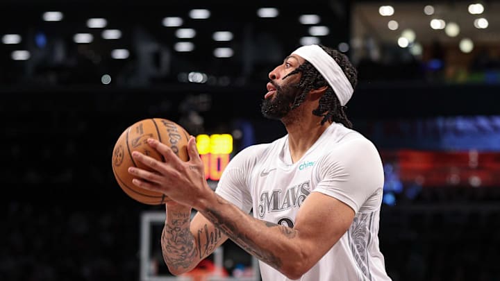 Mar 24, 2025; Brooklyn, New York, USA; Dallas Mavericks forward Anthony Davis (3) looks to the basket during the second half against the Brooklyn Nets at Barclays Center. Mandatory Credit: Vincent Carchietta-Imagn Images