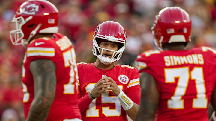 Aug 22, 2025; Kansas City, Missouri, USA; Kansas City Chiefs quarterback Patrick Mahomes (15) calls for a huddle during the first half against the Chicago Bears at GEHA Field at Arrowhead Stadium. Mandatory Credit: Jay Biggerstaff-Imagn Images
