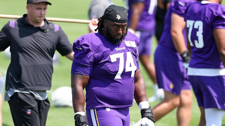 Jul 29, 2025; Eagan, MN, USA; Minnesota Vikings guard Donovan Jackson (74) takes part in drills during the teams training camp at the Minnesota Vikings Training Facility. Mandatory Credit: Matt Krohn-Imagn Images