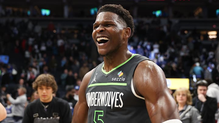 Feb 6, 2025; Minneapolis, Minnesota, USA; Minnesota Timberwolves guard Anthony Edwards (5) celebrates after his teams win against the Houston Rockets at Target Center. Mandatory Credit: Matt Krohn-Imagn Images Feb 6, 2025; Minneapolis, Minnesota, USA; Minnesota Timberwolves guard Anthony Edwards (5) celebrates after his teams win against the Houston Rockets at Target Center. Mandatory Credit: Matt Krohn-Imagn Images