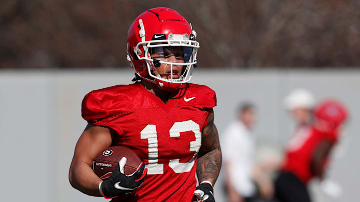Georgia wide receiver Michael Jackson III (13) runs a drill during spring practice in Athens, Ga., on Thursday, March 14, 2024.