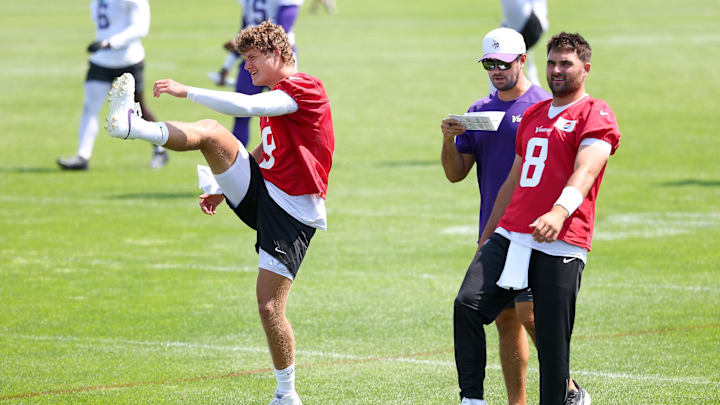 Jul 29, 2025; Eagan, MN, USA; Minnesota Vikings quarterback J.J. McCarthy (9) and quarterback Sam Howell (8) take part in drills during the teams training camp at the Minnesota Vikings Training Facility. Mandatory Credit: Matt Krohn-Imagn Images
