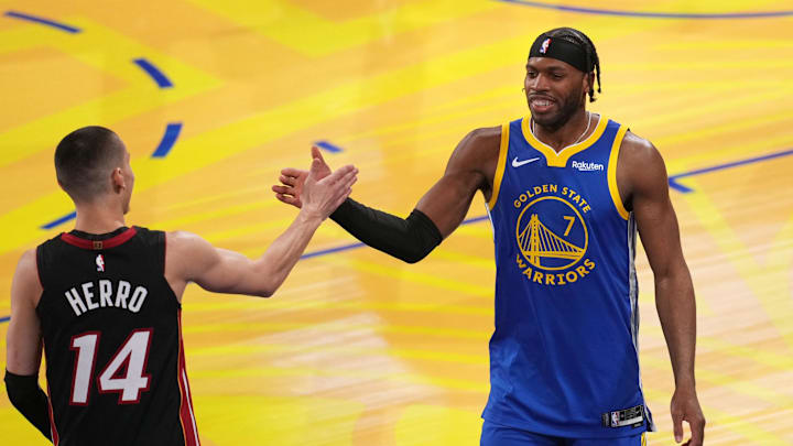 Feb 15, 2025; San Francisco, CA, USA; Golden State Warriors guard Buddy Hield (7) and Miami Heat guard Tyler Herro (14) react in the three-point contest during All Star Saturday Night ahead of the 2025 NBA All Star Game at Chase Center. Mandatory Credit: Cary Edmondson-Imagn Images