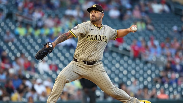Aug 29, 2025; Minneapolis, Minnesota, USA; San Diego Padres starting pitcher Nestor Cortes (65) delivers a pitch against the Minnesota Twins during the first inning at Target Field. Mandatory Credit: Matt Krohn-Imagn Images