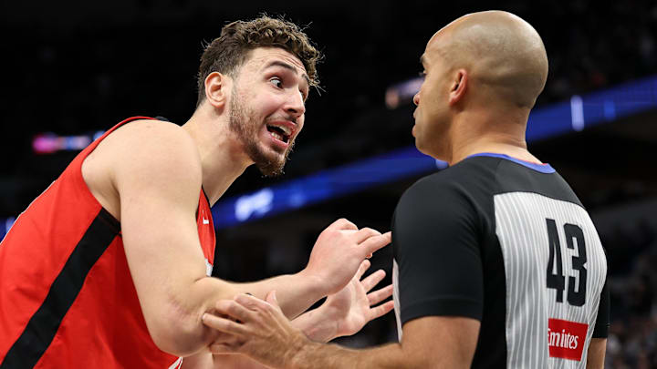 Feb 6, 2025; Minneapolis, Minnesota, USA; Houston Rockets center Alperen Sengun (28) argues towards referee Matt Myers (43) during the second quarter against the Minnesota Timberwolves at Target Center. Mandatory Credit: Matt Krohn-Imagn Images