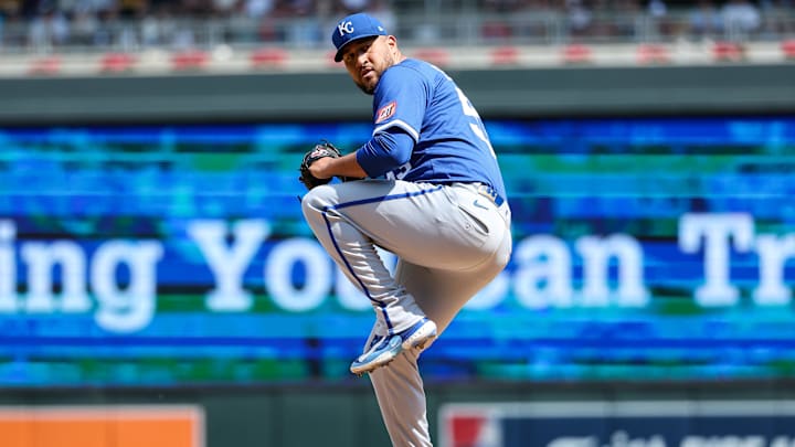May 25, 2025; Minneapolis, Minnesota, USA; Kansas City Royals pitcher Carlos Estevez (53) delivers against the Minnesota Twins during the eighth inning at Target Field. Mandatory Credit: Matt Krohn-Imagn Images