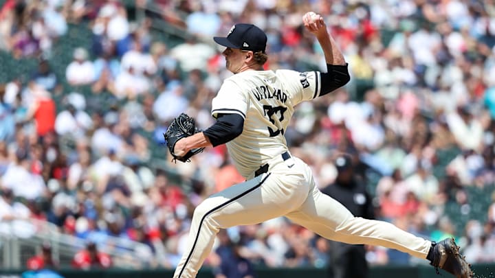 May 25, 2025; Minneapolis, Minnesota, USA; Minnesota Twins pitcher Louis Varland (37) delivers a pitch against the Kansas City Royals during the seventh inning at Target Field. Mandatory Credit: Matt Krohn-Imagn Images