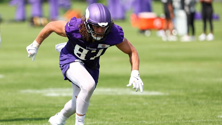 Jul 29, 2025; Eagan, MN, USA; Minnesota Vikings tight end T.J. Hockenson (87) takes part in drills during the teams training camp at the Minnesota Vikings Training Facility.