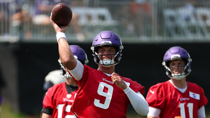 Jul 29, 2025; Eagan, MN, USA; Minnesota Vikings quarterback J.J. McCarthy (9) takes part in drills during the teams training camp at the Minnesota Vikings Training Facility. Mandatory Credit: Matt Krohn-Imagn Images