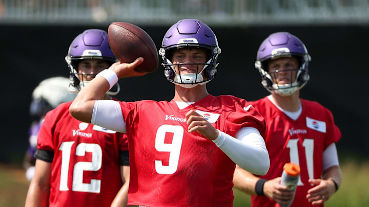 Jul 29, 2025; Eagan, MN, USA; Minnesota Vikings quarterback J.J. McCarthy (9) takes part in drills during the teams training camp at the Minnesota Vikings Training Facility. Mandatory Credit: Matt Krohn-Imagn Images