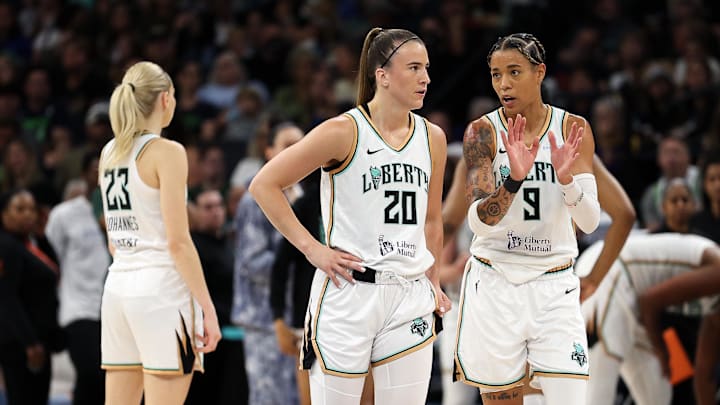 Aug 16, 2025; Minneapolis, Minnesota, USA; New York Liberty guard Natasha Cloud (9) talks with guard Sabrina Ionescu (20) during the third quarter against the Minnesota Lynx at Target Center. Mandatory Credit: Matt Krohn-Imagn Images Aug 16, 2025; Minneapolis, Minnesota, USA; New York Liberty guard Natasha Cloud (9) talks with guard Sabrina Ionescu (20) during the third quarter against the Minnesota Lynx at Target Center. Mandatory Credit: Matt Krohn-Imagn Images