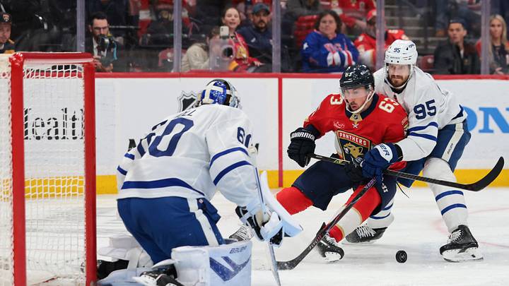 Feb 26, 2026; Sunrise, Florida, USA; Florida Panthers left wing Brad Marchand (63) shoots the puck against Toronto Maple Leafs goaltender Joseph Woll (60) while defended by defenseman Oliver Ekman-Larsson (95) during the third period at Amerant Bank Arena. Mandatory Credit: Sam Navarro-Imagn Images Feb 26, 2026; Sunrise, Florida, USA; Florida Panthers left wing Brad Marchand (63) shoots the puck against Toronto Maple Leafs goaltender Joseph Woll (60) while defended by defenseman Oliver Ekman-Larsson (95) during the third period at Amerant Bank Arena. Mandatory Credit: Sam Navarro-Imagn Images