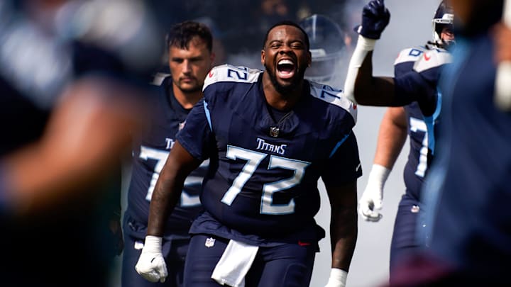 Tennessee Titans offensive tackle Leroy Watson IV (72) is introduced before a game against the Indianapolis Colts at Nissan Stadium in Nashville, Tenn., Sunday, Oct. 13, 2024.