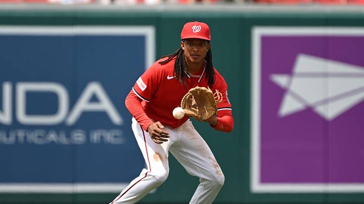 Jun 14, 2026; Washington, District of Columbia, USA; Washington Nationals shortstop CJ Abrams (5) fields a ground ball against the Seattle Mariners during the sixth inning at Nationals Park. Mandatory Credit: Rafael Suanes-Imagn Images