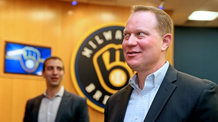 Matt Arnold, right, mingles with others following a press conference where it was announced that he would be taking over the role as president of baseball operations for the Milwaukee Brewers on, October 27, 2022. David Stearns, left, who joined the organization in October 2015 as general manager and was named president of baseball operations prior to the 2019 season, said he would be stepping down. Matt Arnold, right, mingles with others following a press conference where it was announced that he would be taking over the role as president of baseball operations for the Milwaukee Brewers on, October 27, 2022. David Stearns, left, who joined the organization in October 2015 as general manager and was named president of baseball operations prior to the 2019 season, said he would be stepping down.