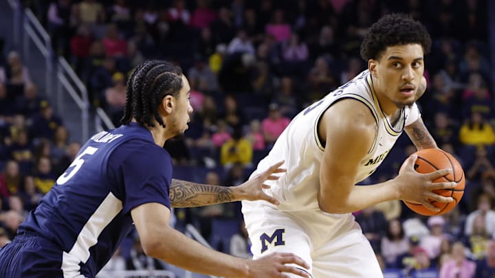 Feb 5, 2026; Ann Arbor, Michigan, USA;  Michigan Wolverines forward Yaxel Lendeborg (23) is defended by Penn State Nittany Lions guard Freddie Dilione V (5) in the first half at Crisler Center. Mandatory Credit: Rick Osentoski-Imagn Images