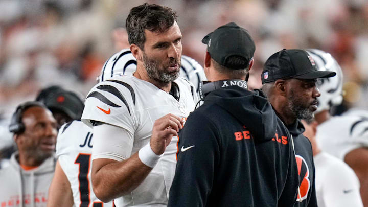Cincinnati Bengals quarterback Joe Flacco (16) smiles with head coach Zac Taylor in the second quarter of the NFL Week 7 game between the Cincinnati Bengals and the Pittsburgh Steelers at Paycor Stadium in downtown Cincinnati on Thursday, Oct. 16, 2025.