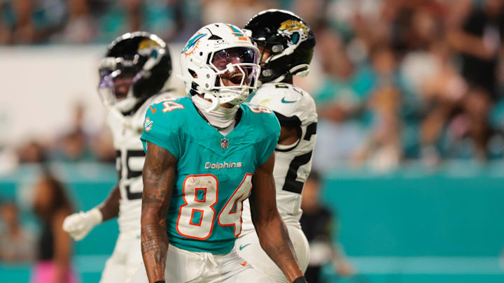 Miami Dolphins wide receiver Erik Ezukanma (84) reacts after catching the football against the Jacksonville Jaguars during the third quarter at Hard Rock Stadium.
